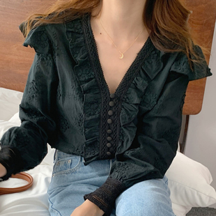 韩国chic法式甜美V领重工刺绣花朵木耳边拼接单排扣X宽松长袖衬衫