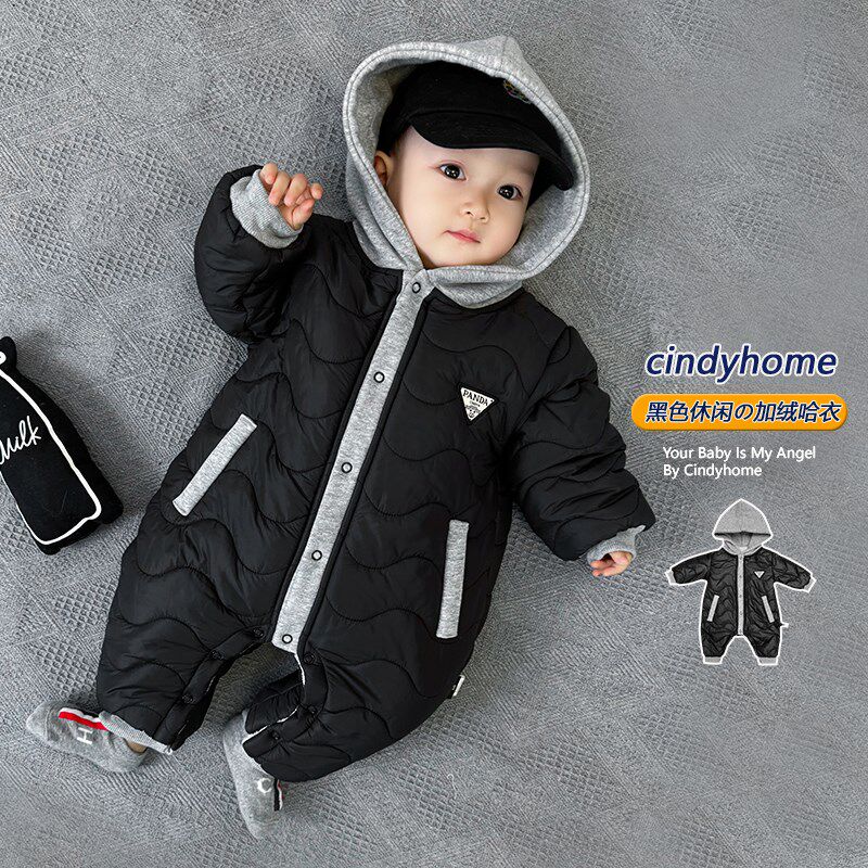 婴幼儿冬装连体衣棉服洋气连帽加绒加厚无骨S哈衣爬爬服新生儿