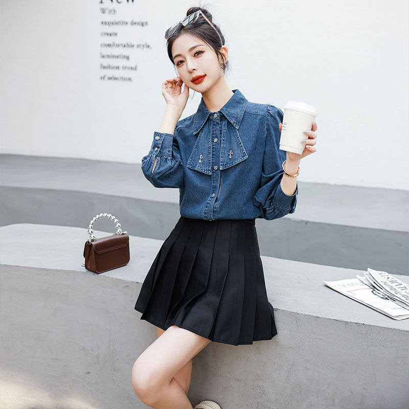 高级感欧货洋气牛仔衬衫女叠穿内搭2025春季新款设计感小众小个子