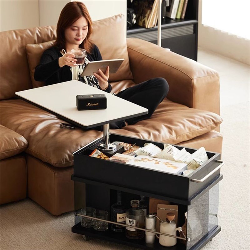 意式极简移动茶几可升降折叠长方形岩板多功能客厅小推车沙发边几