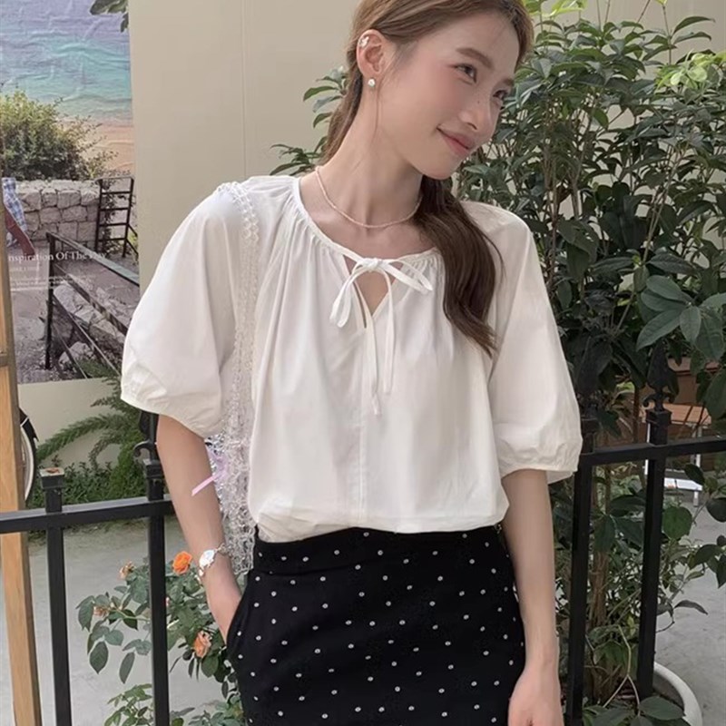 韩国chic夏季甜美气质半u开V领系带宽松百搭纯色泡泡袖娃娃衫衬衫