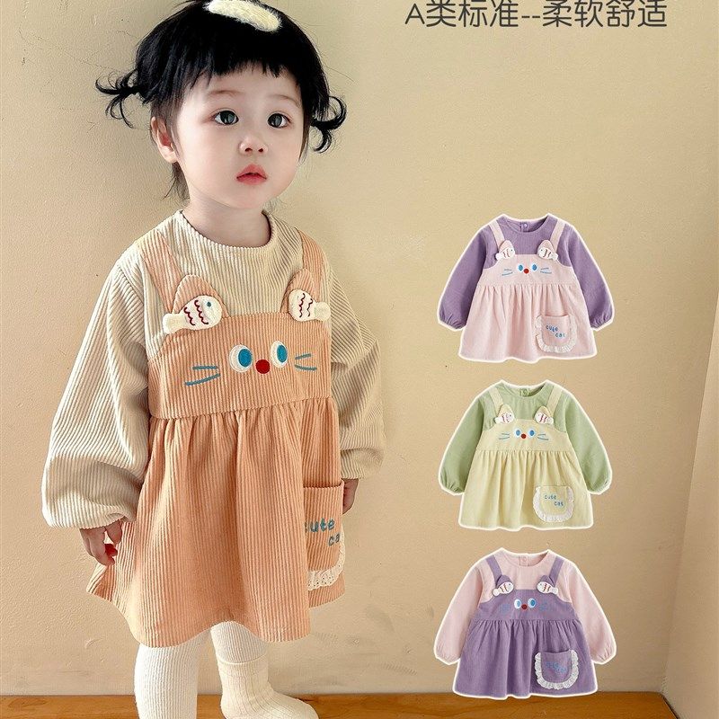 阿喜和悦背带猫咪裙式罩衣长袖宝宝吃饭围兜灯芯绒女孩围裙洋气,童装/婴儿装/亲子装,反穿衣/罩衣,淘宝优惠券,粉丝福利购,淘宝优惠卷