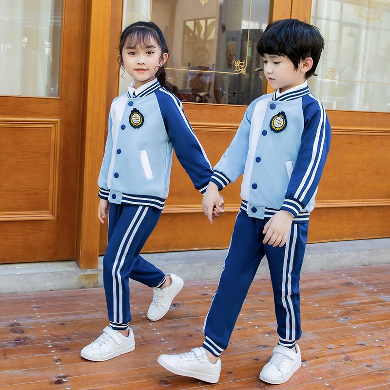 小学生校服春秋蓝色棒球服领单排扣套装幼儿园单件长裤假两件马甲