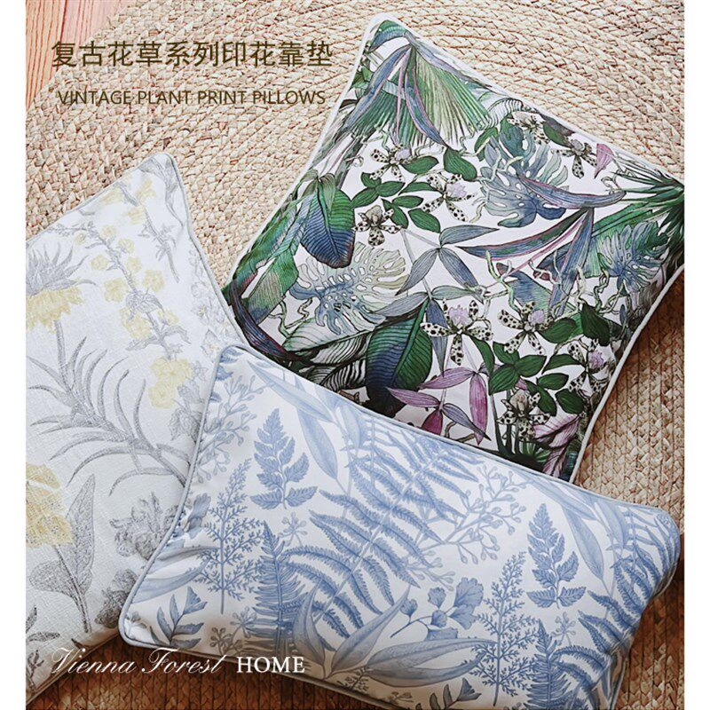 蓝色蕨草花语。法式乡村田园风格民宿风高档P软装印花靠垫抱枕