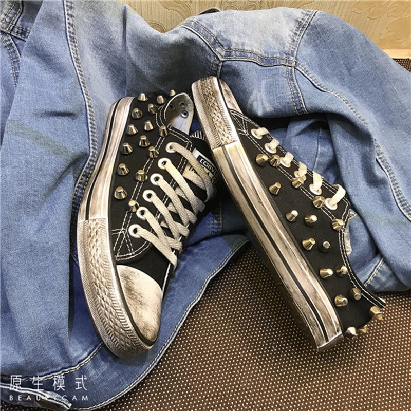 春秋季水洗做旧黑色低帮帆布鞋 校园男女生休闲鞋单鞋铆钉帆布鞋