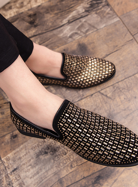 发型师时尚韩版尖头小皮鞋潮流个性豆豆鞋一脚蹬百搭镶钻夜店男鞋