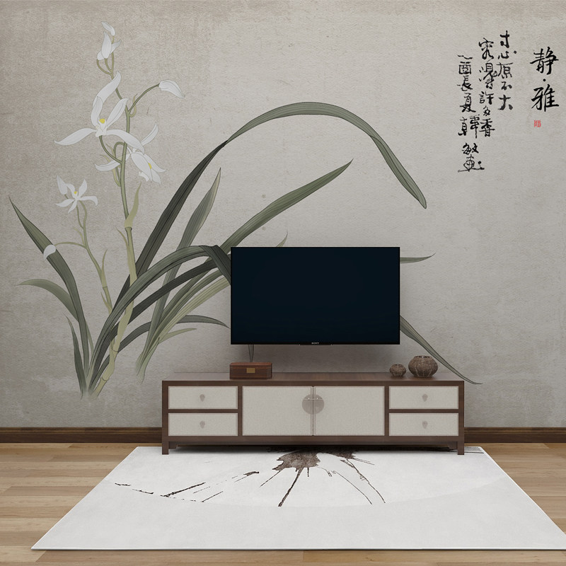 中式电视背景墙壁纸现代客厅水墨植物定制壁画中国风墙纸沙发墙布
