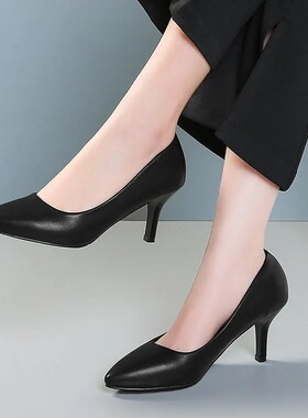 DA15时尚工作鞋女黑色高跟鞋细跟软皮鞋中跟单鞋职业面试上班女鞋