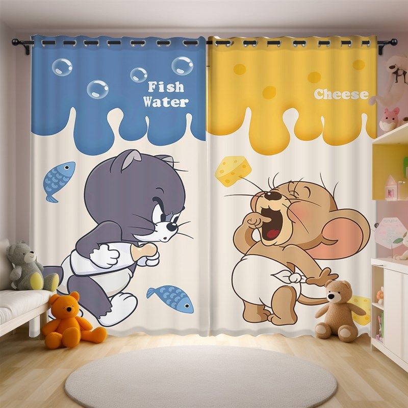 猫和老鼠卡通动画 画定制窗帘遮光儿童卧室飘窗宿舍免打孔隔断装