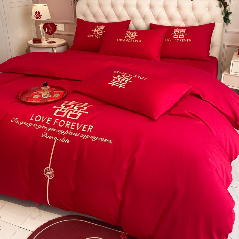 中式龙凤刺绣结婚四件套红色被套高级感喜庆婚庆床上用品
