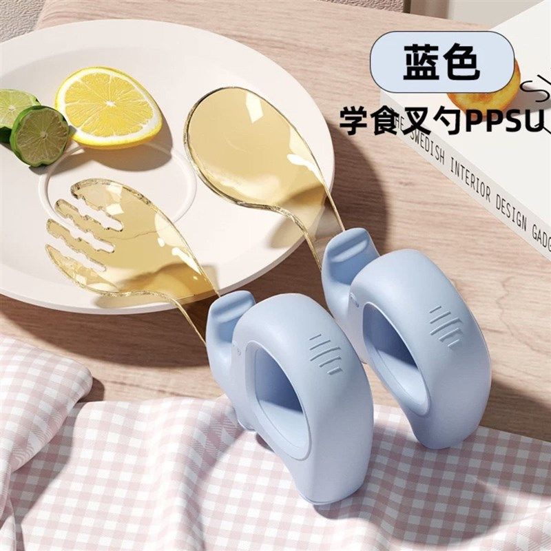 宝宝吃饭勺子训练1一3岁学食自主硅胶短柄叉子弯头儿童餐具辅新款