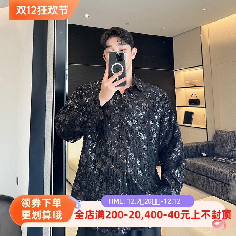 早秋高级感刺绣亮片衬衫男长袖设计感小众网红夜店蹦迪演出衬衣潮