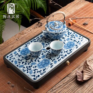陶迷乌金石茶盘家用整块干泡盘简约茶台排蓄两用陶瓷青花面板托盘