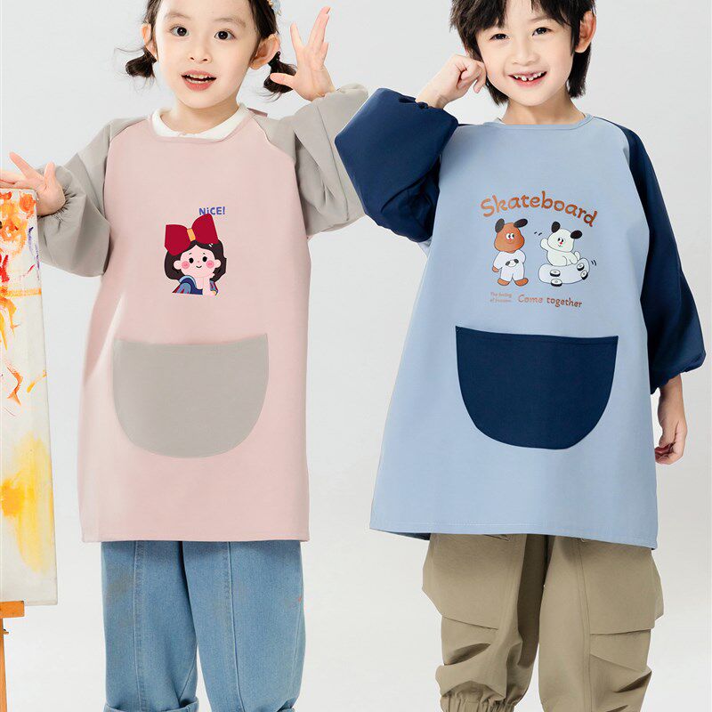 儿童卡通防水长袖罩衣幼儿园美术防脏反穿衣宝宝吃饭Y围衣兜可定