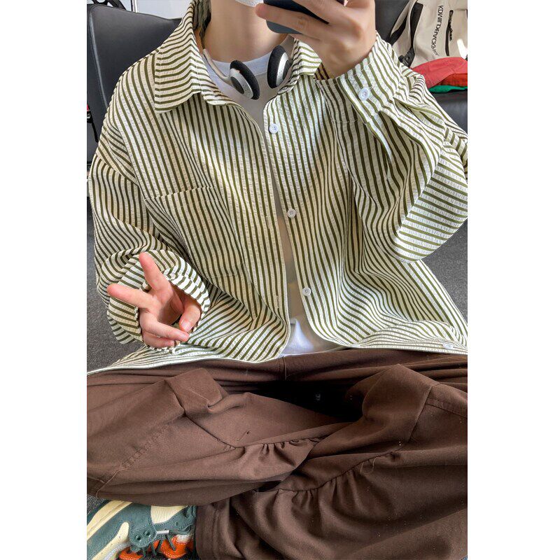 黑白竖条纹长袖衬衫男2025新款春秋季日系cityboy青少年衬衣大码