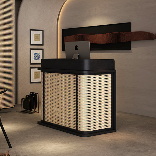 民宿藤编侘寂风收银台店铺小型前台餐饮店门口咨客台接待台迎宾台