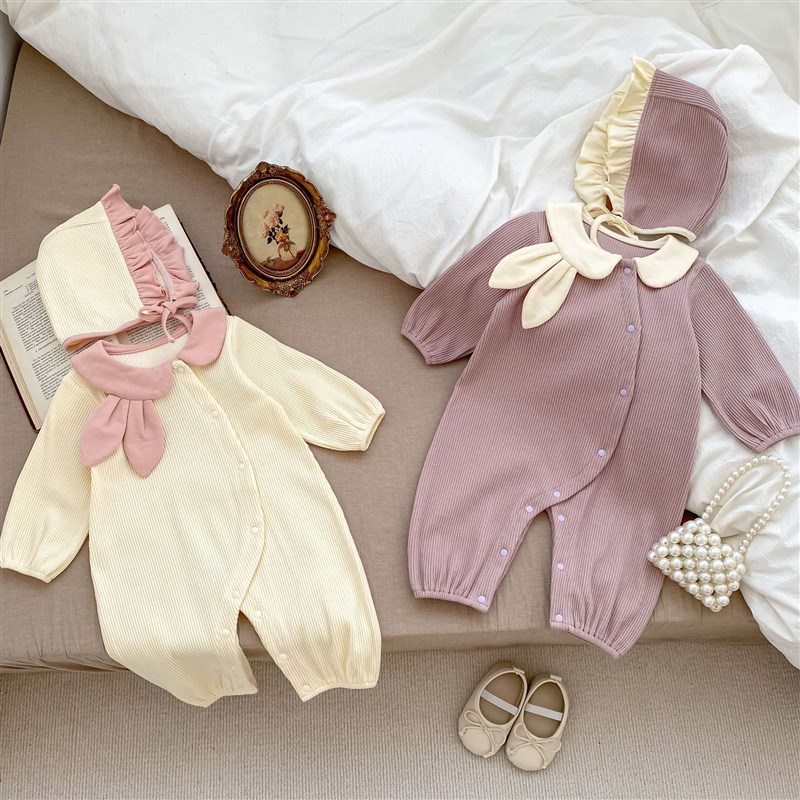 婴儿连体衣长袖春秋新款女宝宝爬服外出服套装6-1U2月婴幼儿春装