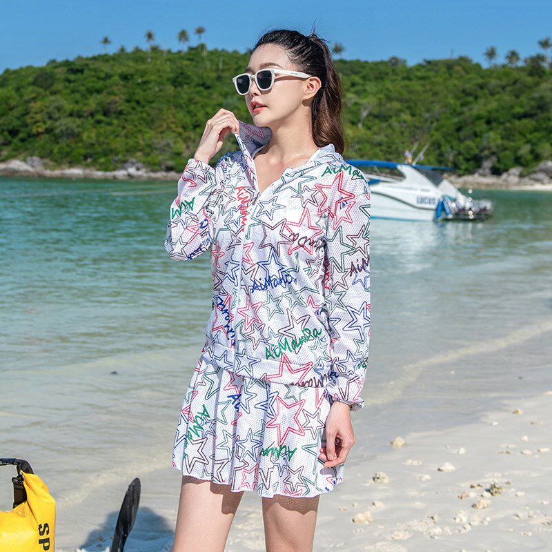 三件套泳衣女保守大码长袖连帽罩衫裙式分体式微胖女孩遮肉泡温泉