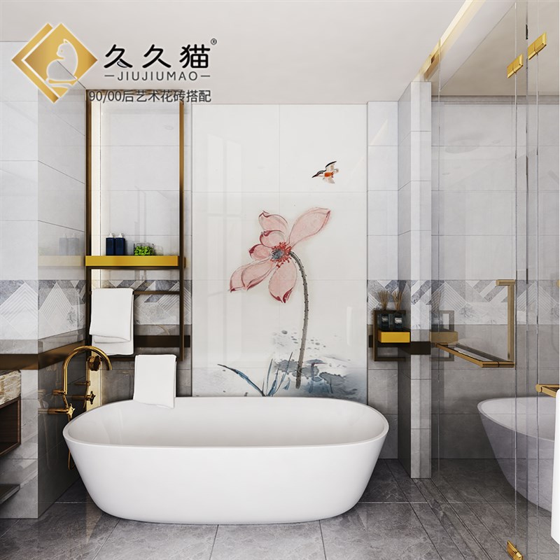 浴室卫生间防水防潮中式荷花图案瓷砖浴淋房背景墙砖W高温微晶岩