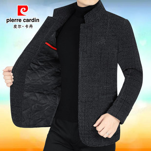 皮尔卡丹男士夹克秋冬季新款立领加绒加厚休闲毛呢外套中年爸爸装