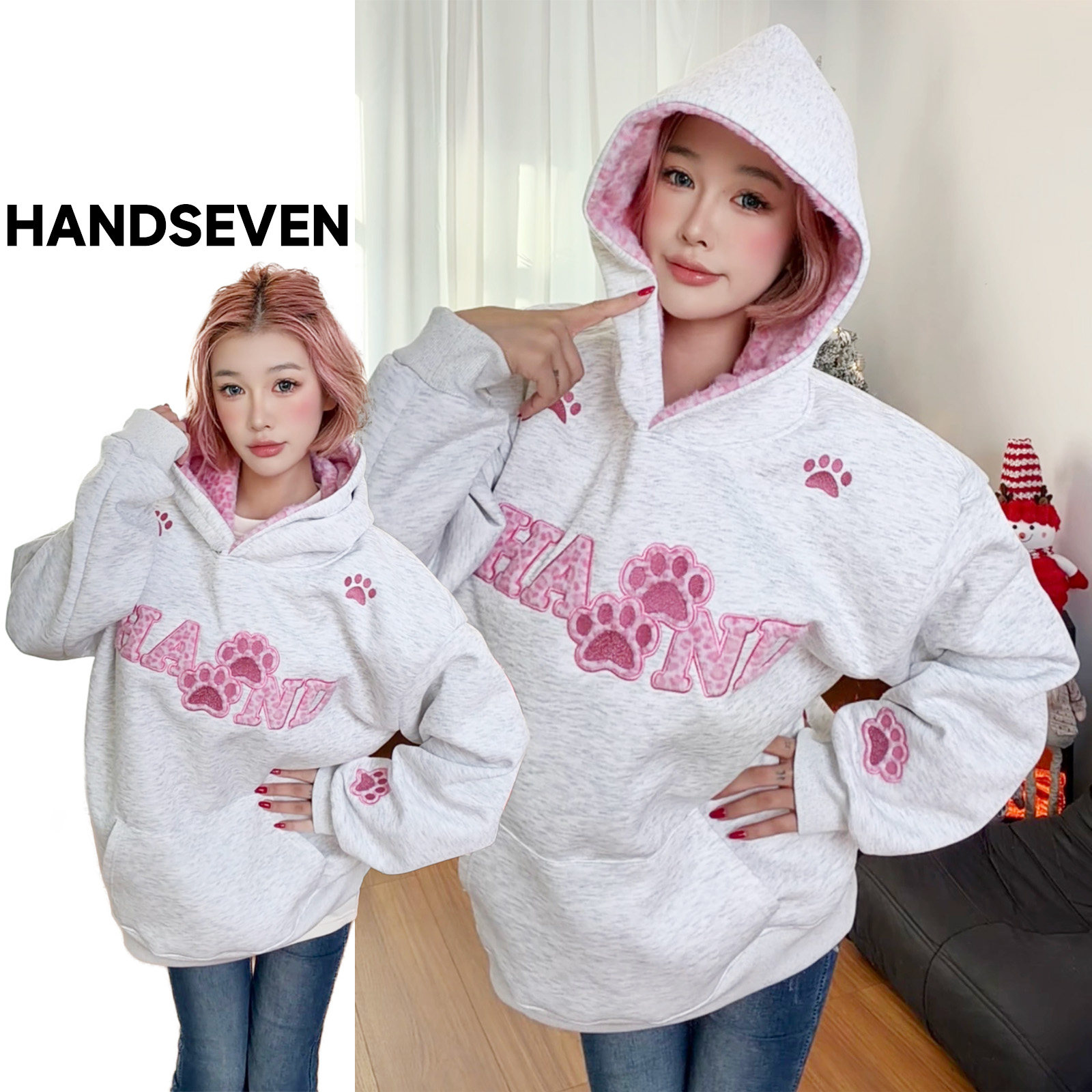 HandSeven美式拼接豹纹毛绒连帽卫衣猫爪刺绣重磅卫衣秋冬保暖衫