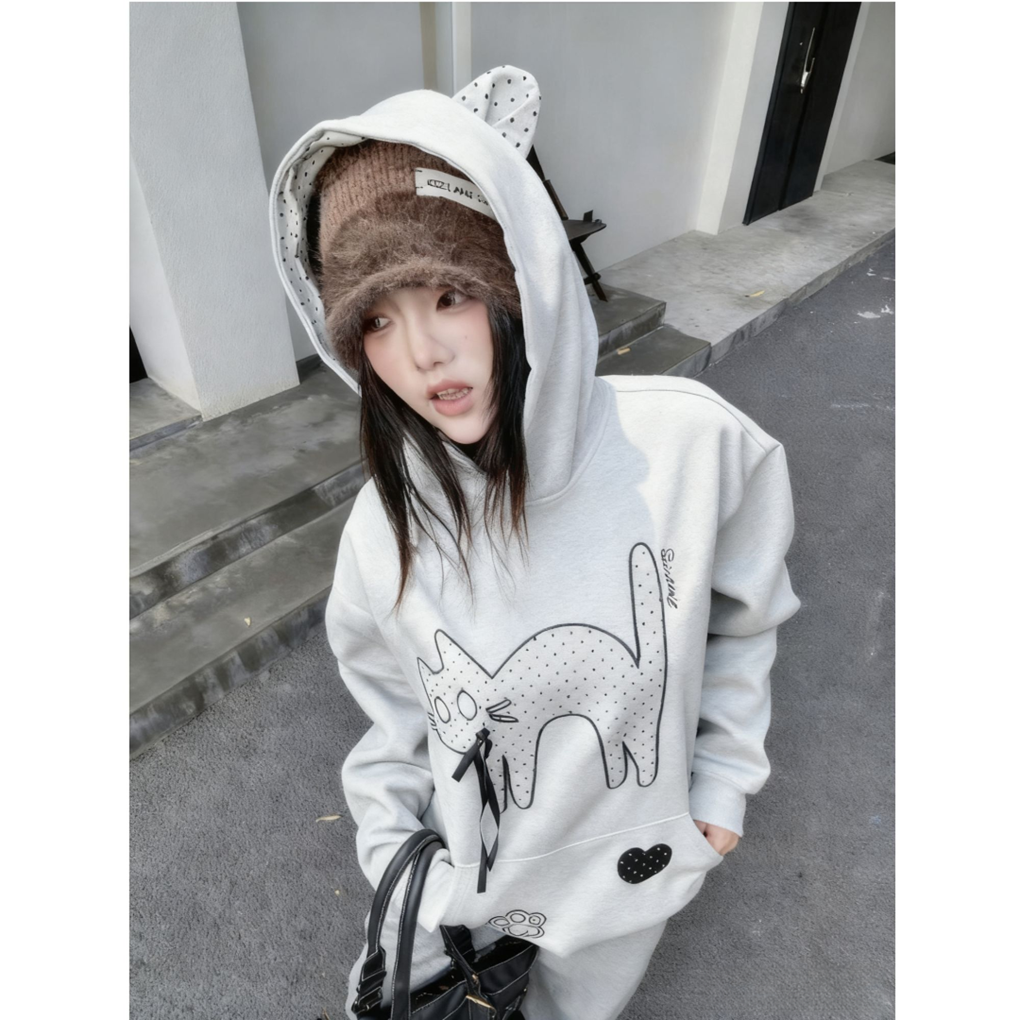 HandSeven美式复古波点猫咪刺绣重磅连帽卫衣秋冬猫耳蝴蝶结帽衫