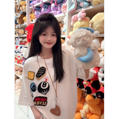 HandSeven重磅潮牌美式徽章刺绣高街夏季韩版宽松圆领短袖T恤印花