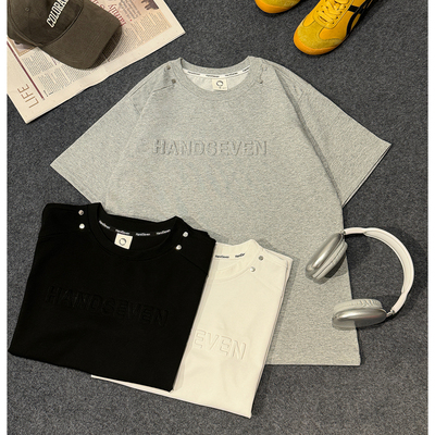 HandSeven夏季重磅铆钉百搭T恤美式宽松圆领字母半袖休闲潮流显瘦