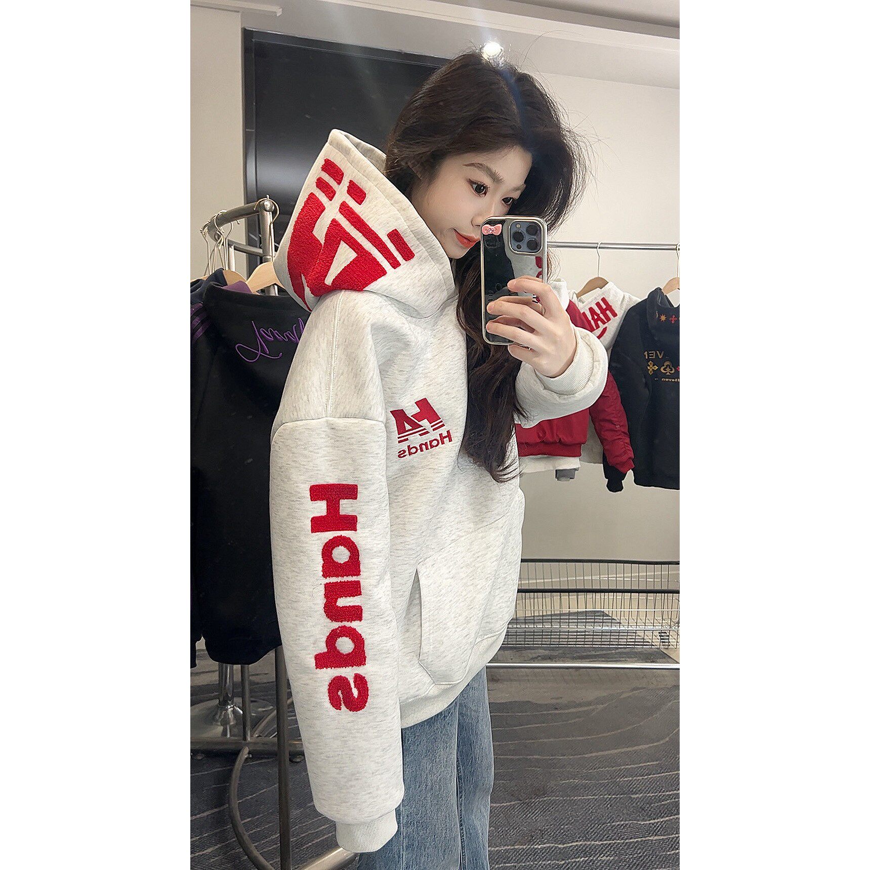 HandSeven美式毛绒字母刺绣重磅连帽卫衣秋冬新款春秋外套情侣