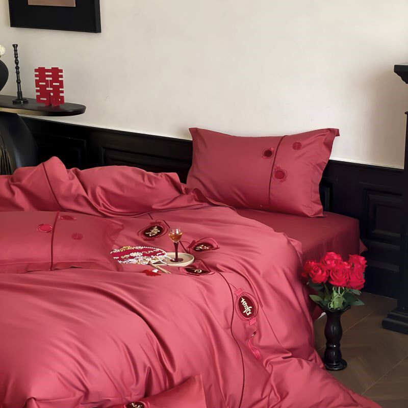 浪漫婚礼100支长绒棉全棉结婚四件套大红色刺绣纯棉被套床上用品4