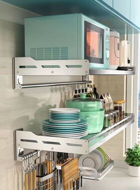 不锈钢厨房置物架长100/1110/12A0免打孔壁挂微波炉架宽25/30/35c