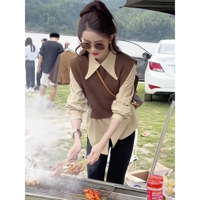 设计感小众衬衫马甲女2025春z秋新款洋气减龄打底衬衣烟管裤两件