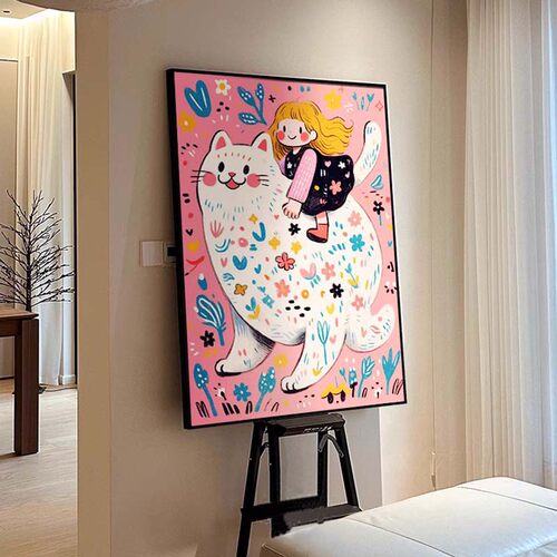 现代简约卡通可爱女孩小猫温馨卧室装饰画儿童房床头挂画餐厅壁画
