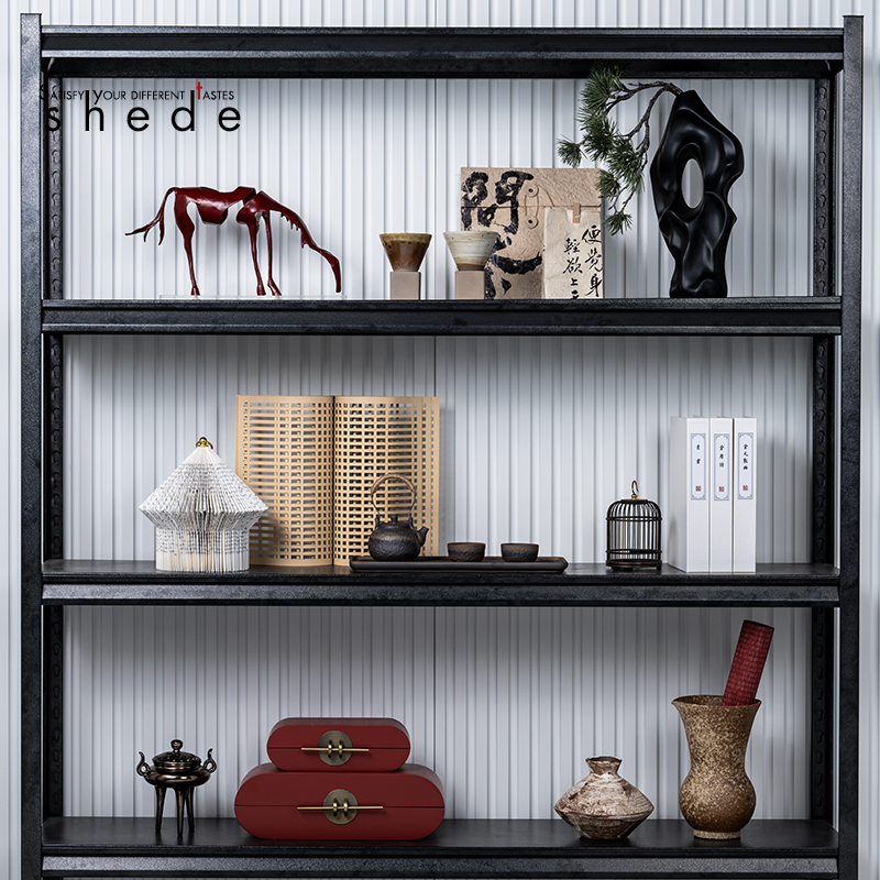 新中式风样板房书房书柜书桌台面客厅博古架软装饰品陈列摆件组合