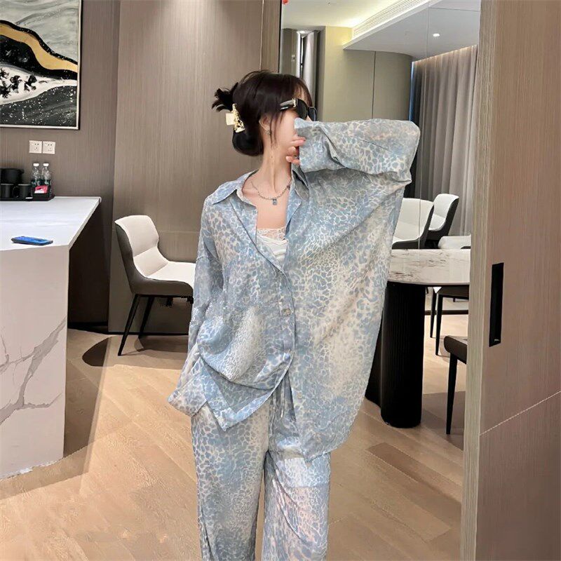 时髦套装女c夏季小众气质蓝调豹纹高级感衬衫+松紧腰阔腿裤两件套