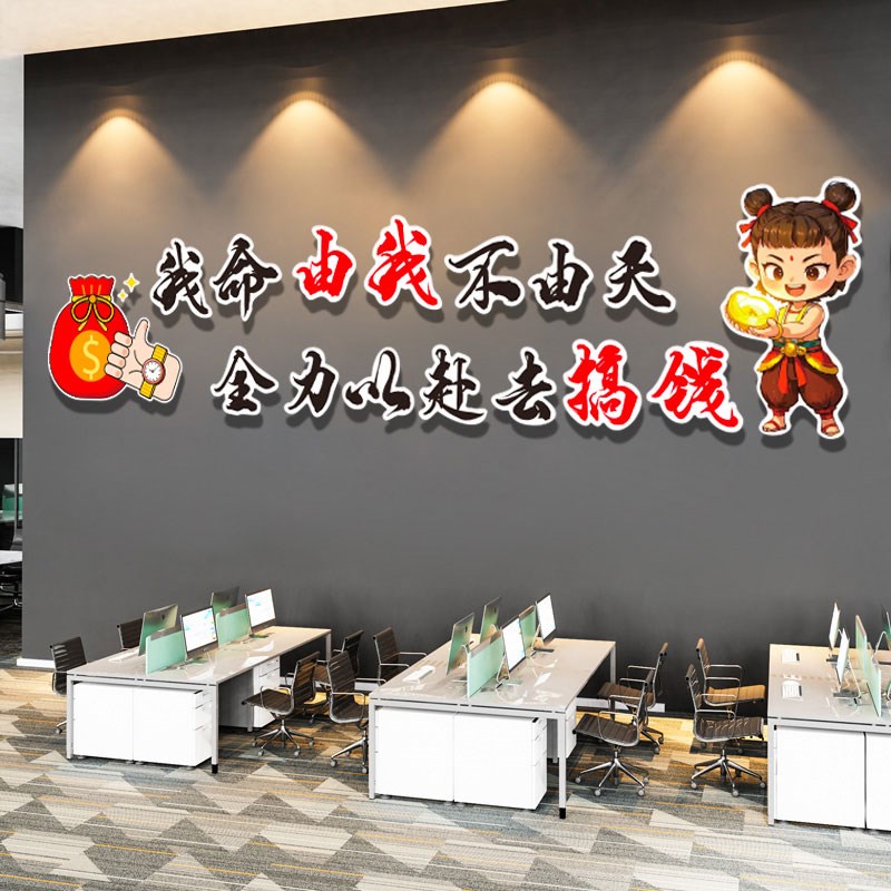哪吒主题办公室墙面装饰氛围布置搞钱激励志标语贴纸公司文化背景