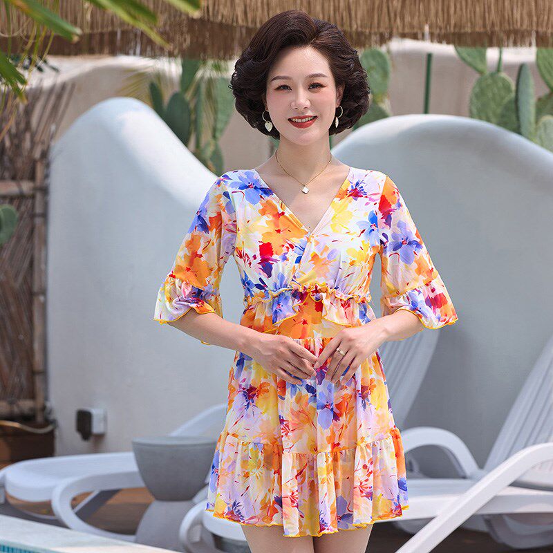 2025新款泳衣女款中袖保守显瘦遮肚妈妈款连P体裙式加大码温泉泳
