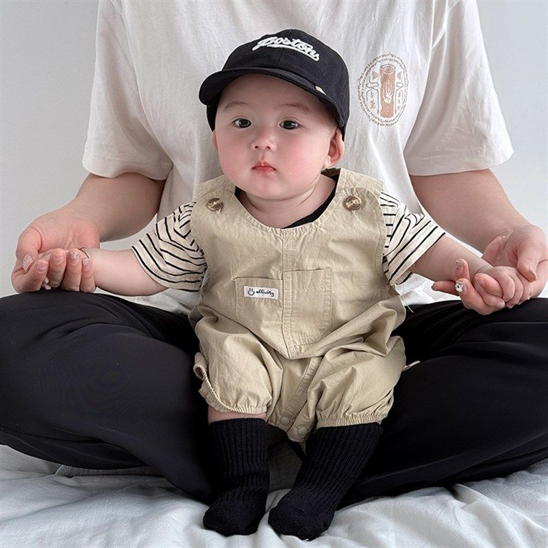 婴幼儿夏季套装宝宝夏装连体衣背带裤两件套超萌洋气满月百天爬服