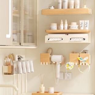 原木奶油风洗漱台置物架免打孔卫生间壁挂式牙刷纸巾吹风机收纳架