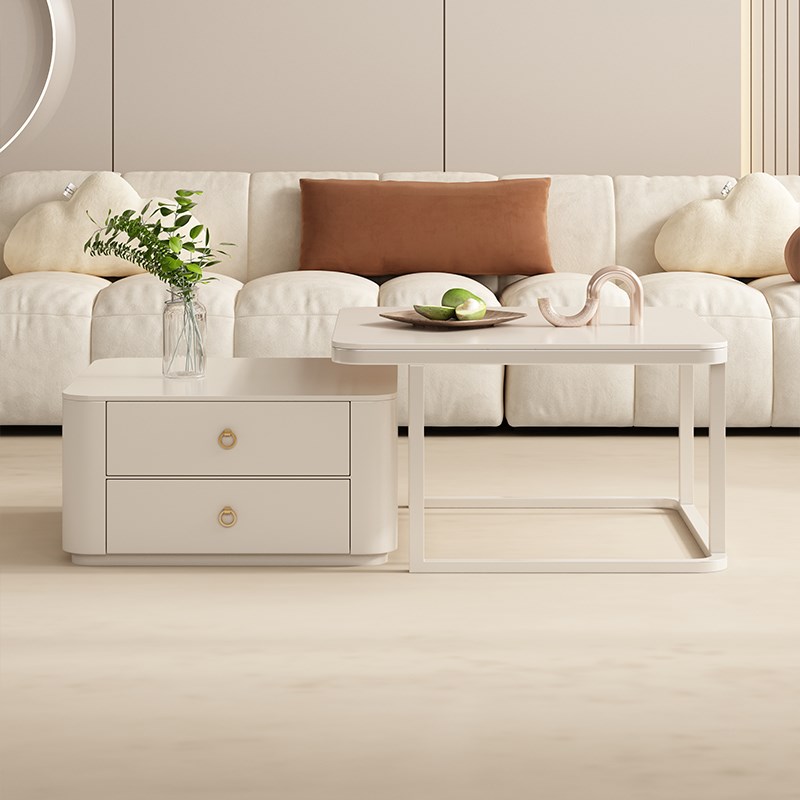 奶油风岩板茶几客厅家用小户型现代简约2024新款网红方形茶桌组合