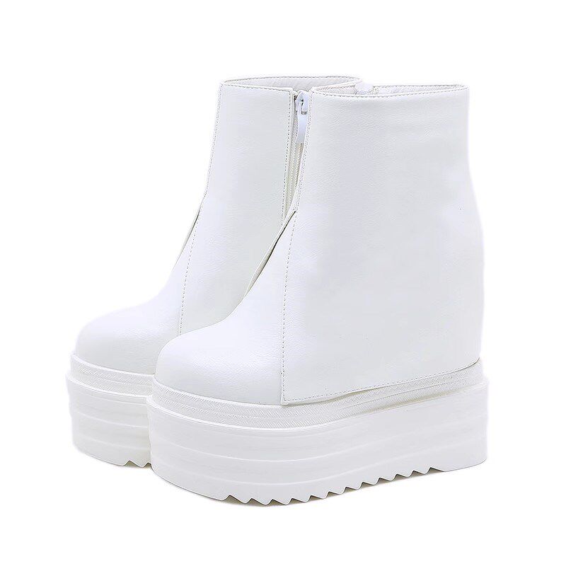 15CM超高跟鞋坡跟短靴女秋冬恨天高厚底内增高马丁靴白色松糕皮靴