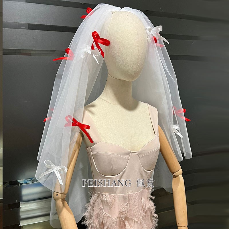 丝带蝴蝶结双层短款遮面头纱粉色蝴蝶结婚礼领证拍照结婚新娘头纱