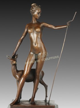 铜雕塑牵鹿少女EP871欧式人物工艺饰品酒店客厅书房家居桌面摆件