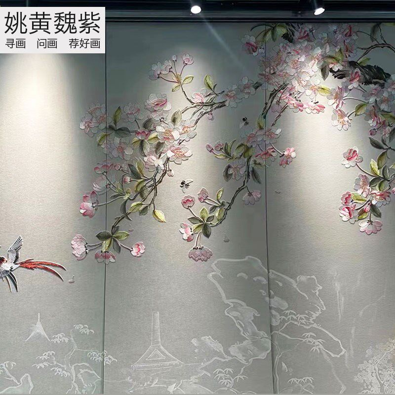 独秀高端刺绣墙布海棠花鸟复式挑空沙发墙K竖画机绣壁布定制整幅