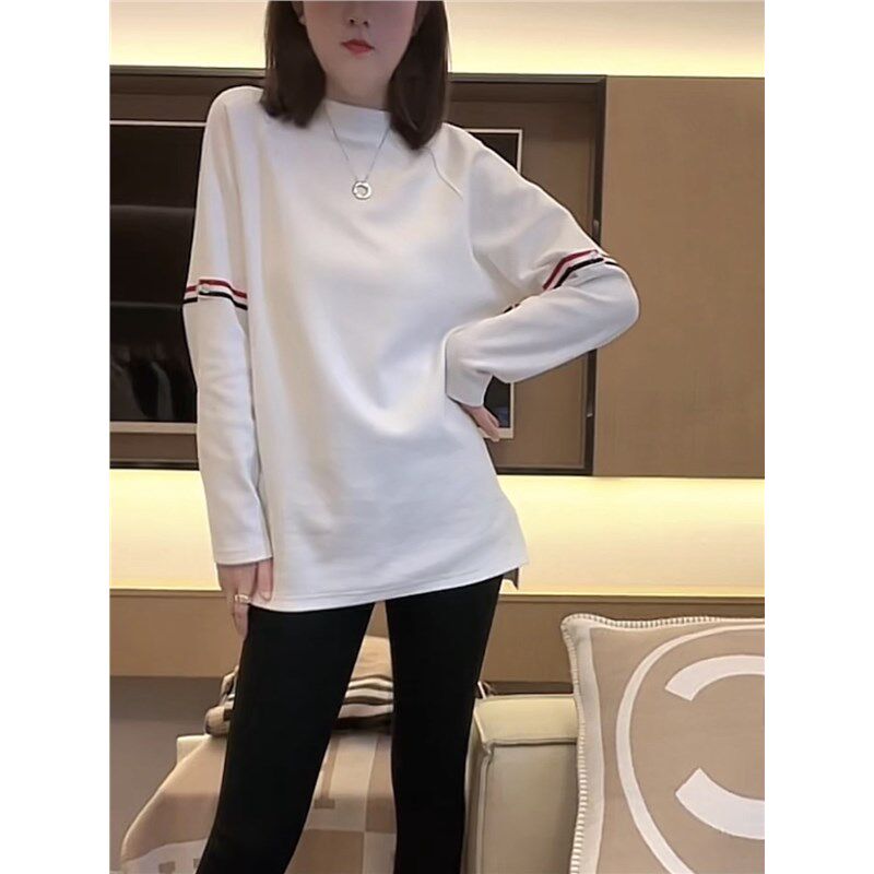 欧货拼色织带中长款T恤女2024秋冬新款J宽松百搭显瘦下摆开叉体恤