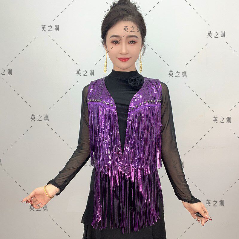 新款广场舞流苏亮片马夹女士跳舞马甲G吉特巴无袖开衫外搭表演服