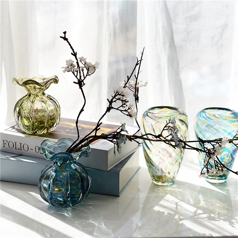 清新现代彩色斑斓通透玻璃花瓶高颜值软装客厅桌面台面装饰品摆件