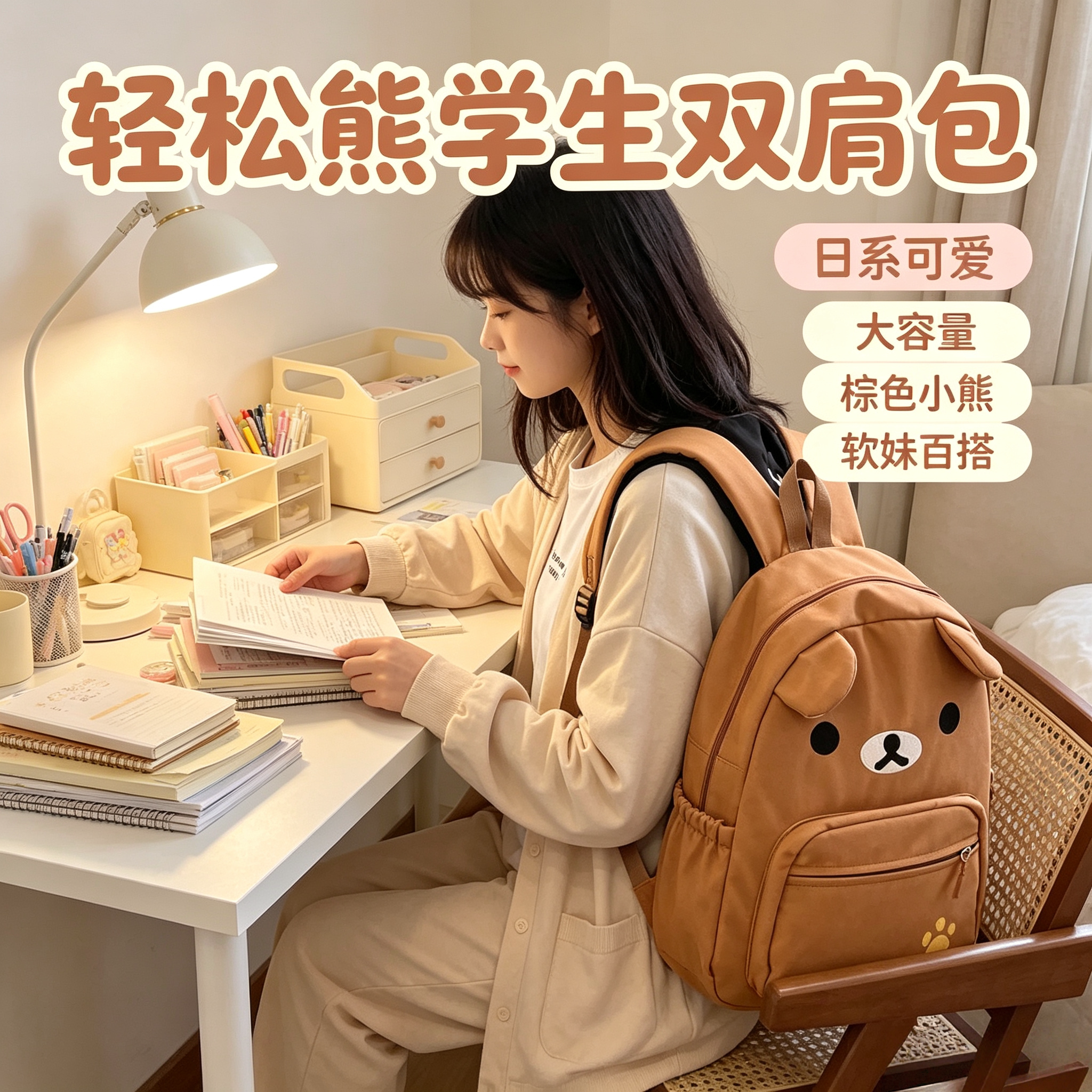 新款小熊棕色百搭奶白大容量帆布卡通软妹双肩包背包书包日系可爱