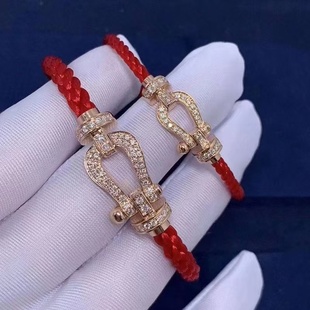 高版本转运红绳镶钻马蹄扣18k玫瑰金手链轻奢小众本命年新款手绳
