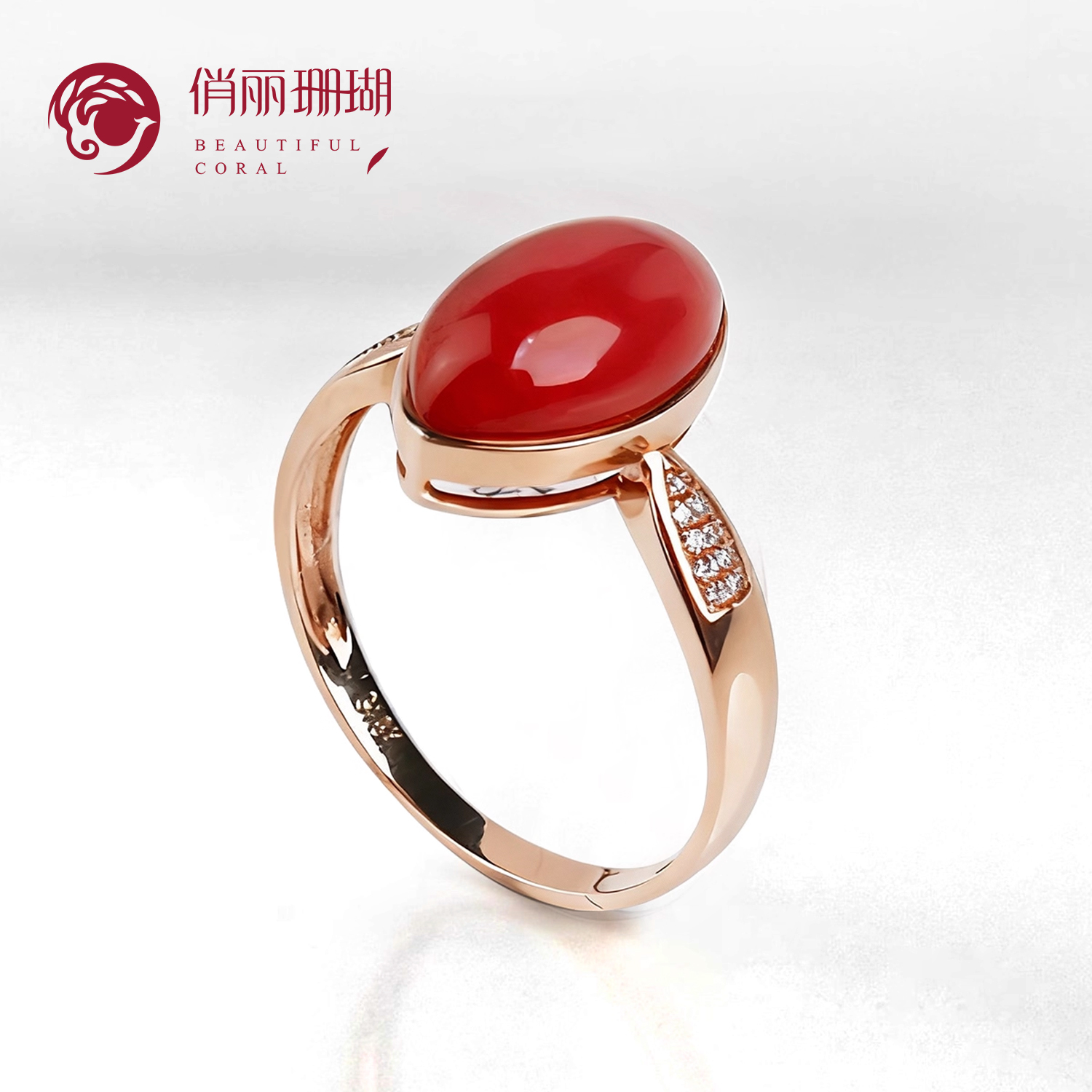 俏丽阿卡红珊瑚18K金镶嵌戒指